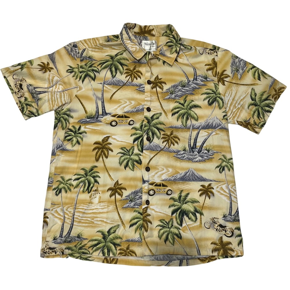 VTG Naniloa Hawaiian Shirt Palm Tree Car Motorcycle Print Aloha Shirt Men's L‎